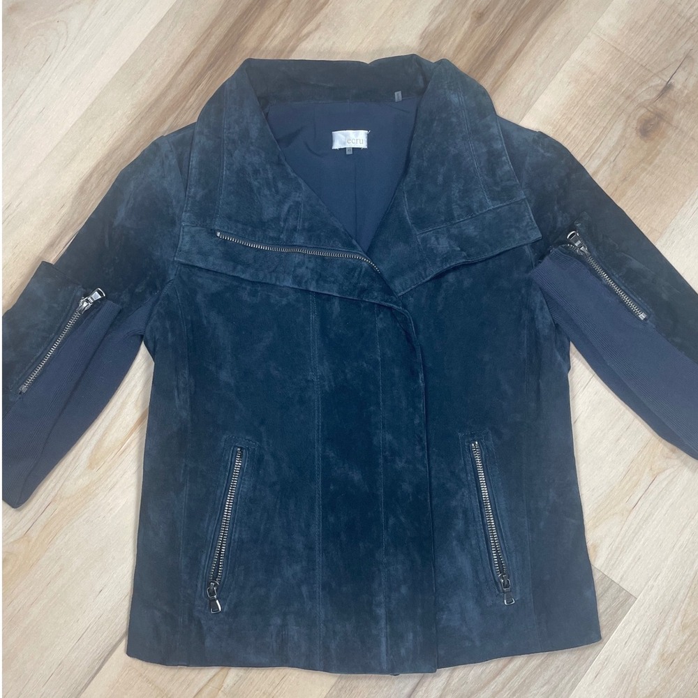 Ecru Navy Blue Suede Leather Moto Jacket Womens XS Asymmetrical Zip Ribbed Knit